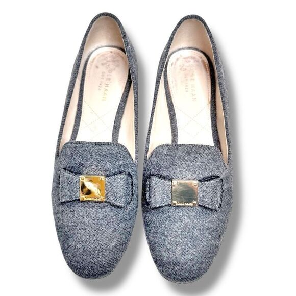 Cole Haan Grey Wool Fabric Bow Gold Logo Flat Loafer Flats Women’s Size 7 B - Picture 1 of 6